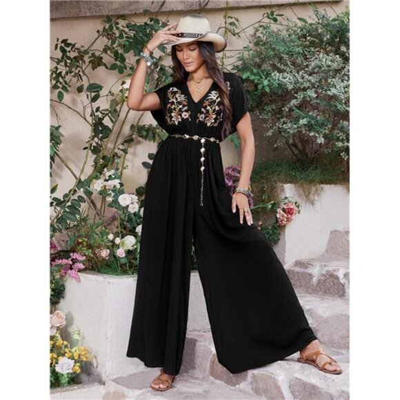 Embroidered Ruched Short Sleeve Jumpsuit - Picture 1 of 7
